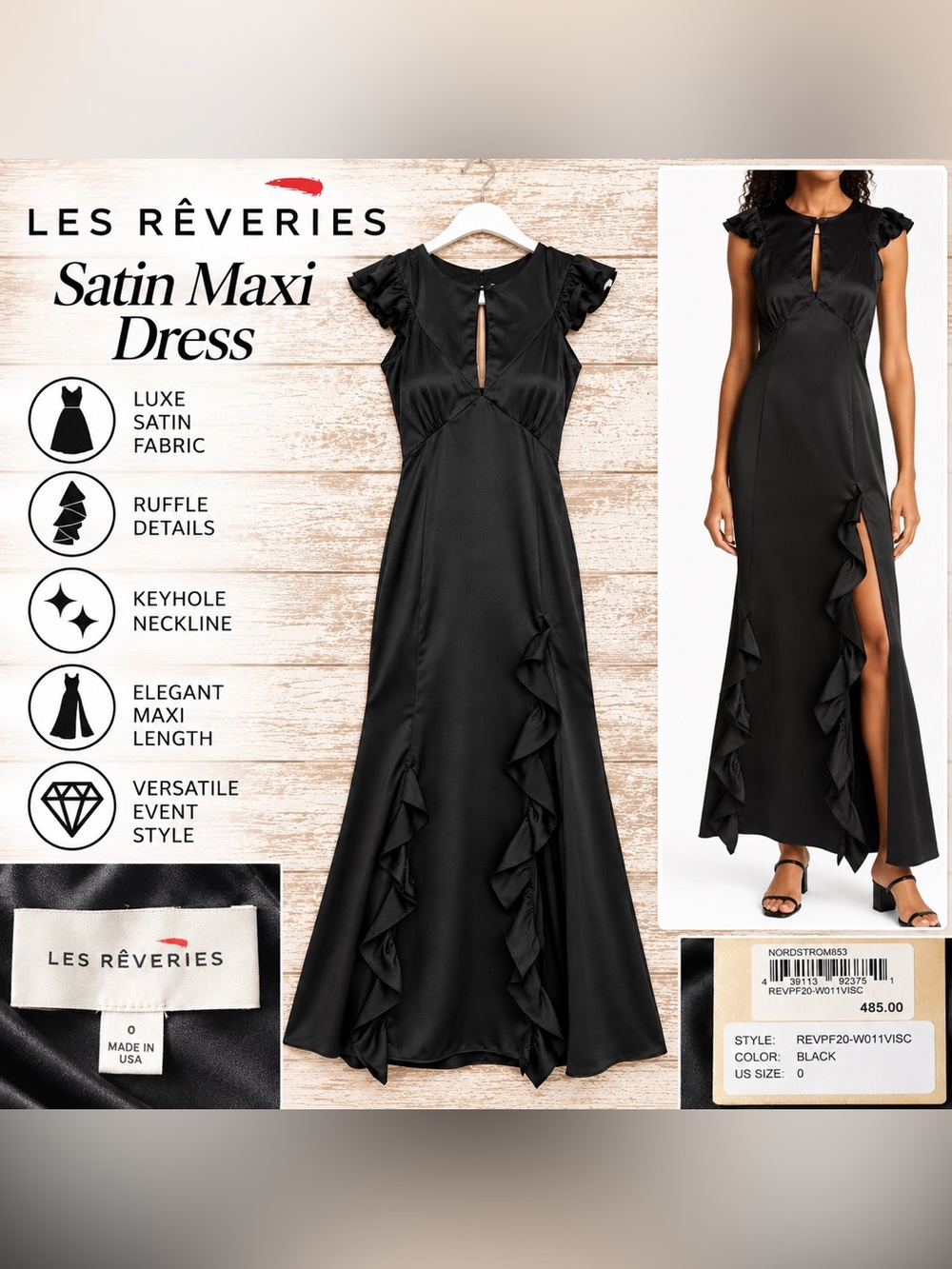 Les Rêveries Black Satin Ruffle Maxi Dress Women’s Size 0 NWT
